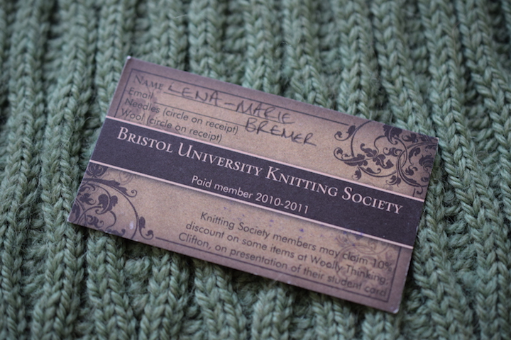 Bristol University Knitting Society student card
